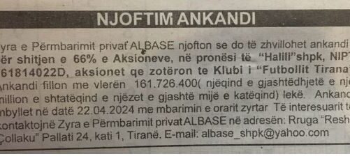 ZYRTARE/ Tirana në shitje, ankand i hapur për aksionet e Refik Halilit tek bardhëblutë