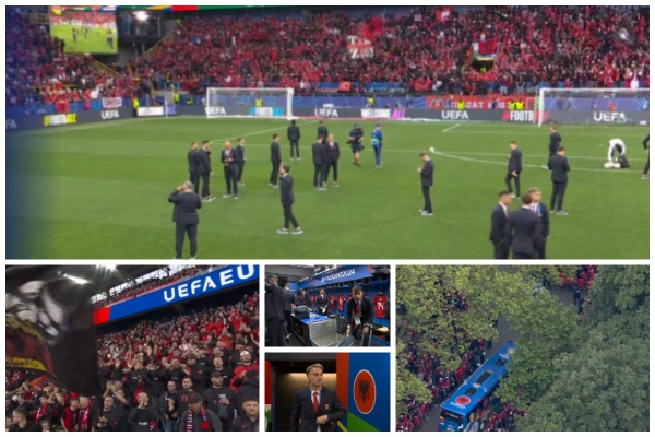 video atmosfere dritheruese kuqezinjte mberrijne ne stadium dhe priten si heronj nga tribunat e ngjyrosura me te kuq