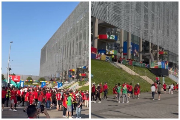 video pak ore nga startimi i takimit shqiperi spanje tifozet kuqezi kane filluar te mblidhen rreth stadiumit te dyseldorfit