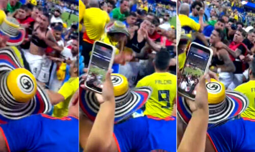 video kolumbi uruguait perleshje mes tifozeve lojtaret ne tribuna per te mbrojtur familjet e tyre