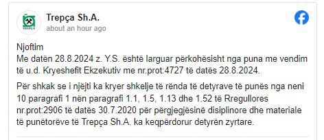 “Trepça” largon përkohësisht nga puna edhe një punëtor tjetër