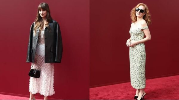 Dakota Johnson shfaqet me një fustan të tejdukshëm, ndërsa Jessica Chastain zgjedh një fustan me lule në shfaqjen e “Gucci”