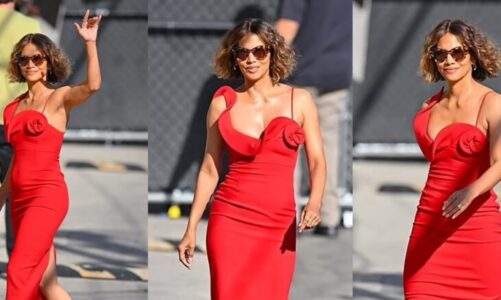 halle berry mori vemendje me nje fustan te kuq elegant ndersa shkon ne jimmy kimmel live