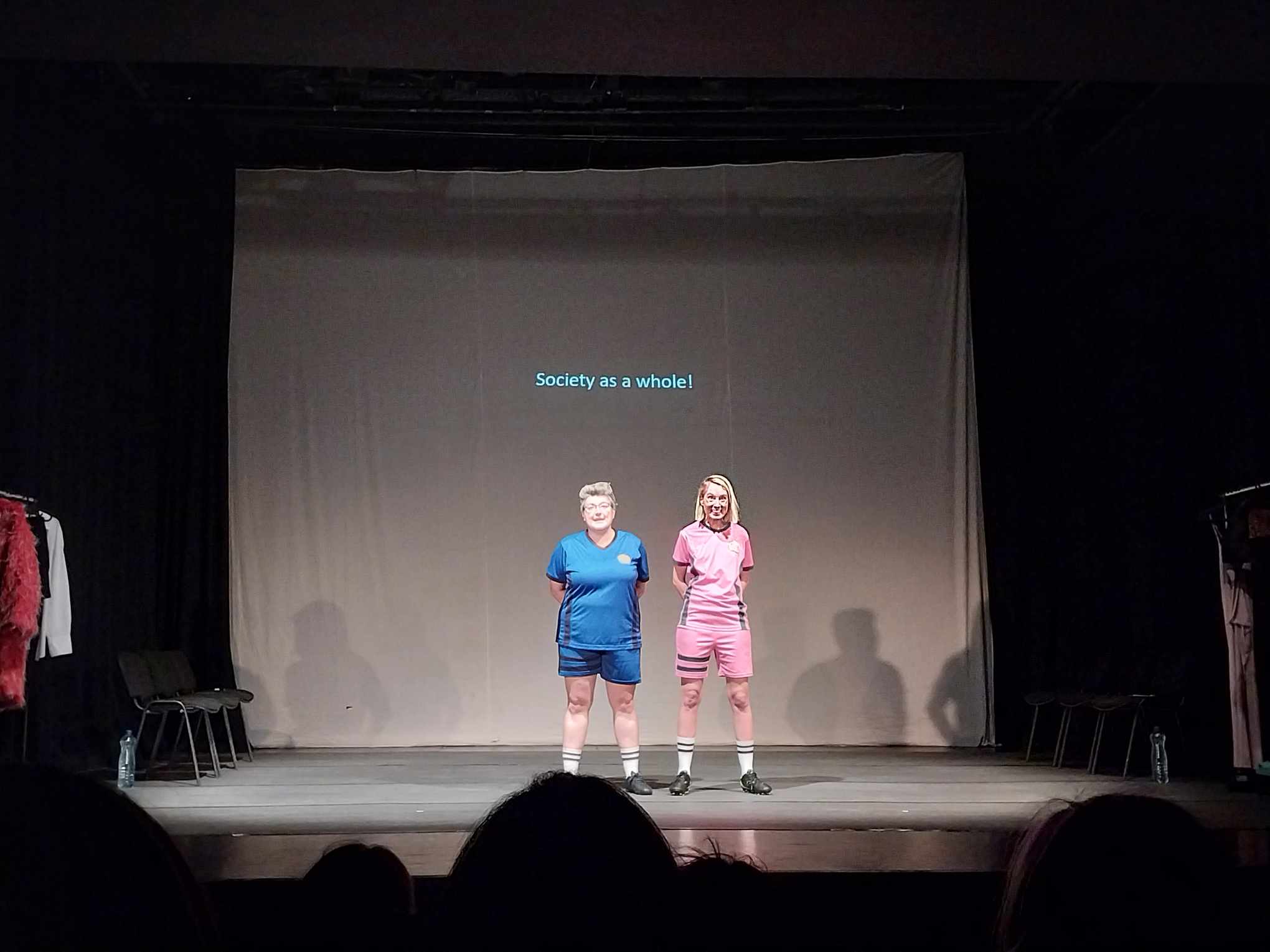 Olga Dimitrijevic (L), Maja Pelevic (R) performing 'World Without Women' at Dodona Theatre in Prishtina, Kosovo on September 26: Photo/BIRN