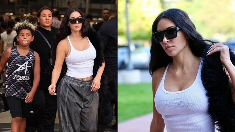 foto kim kardashian paraqitet sportive teksa ndjek lojen e basketbollit te djalit te saj saint