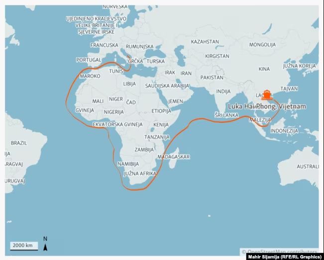 Rruga e mundshme e anijes Kathrin nga Vietnami në Adriatik. 