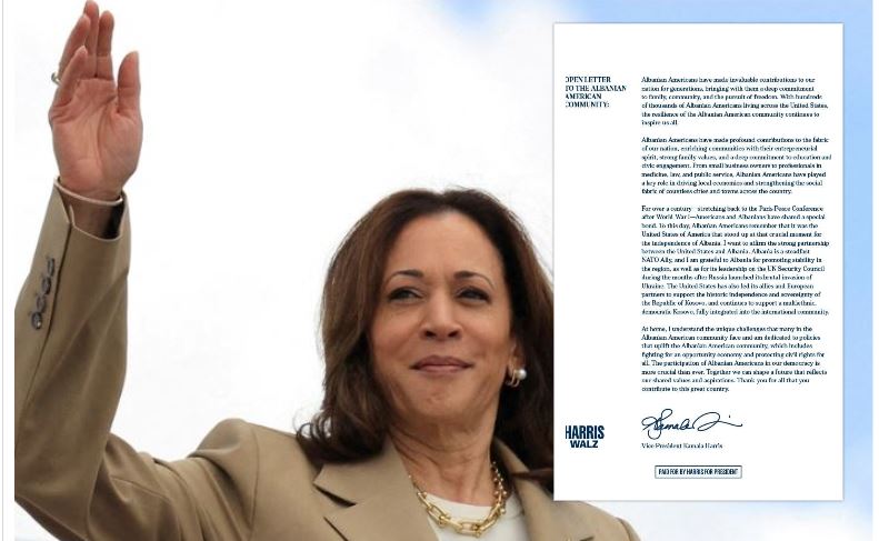 kamala harris u drejtohet me nje leter shqiptareve ne amerike kontribut ne kombin tone promovoni stabilitet ne rajon mbeshtetje kosoves